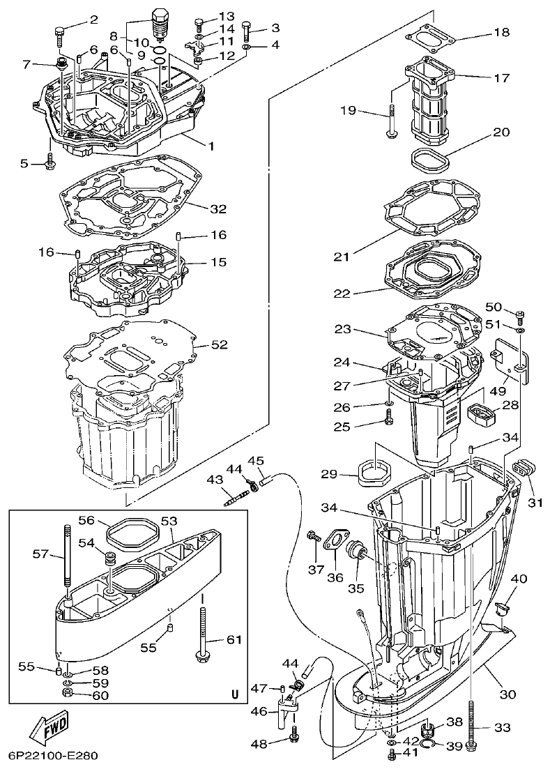 Yamaha F200A, F225A, FL200A, FL225A, F225TR, F200TR, LF225TR, LF200TR UPPER CASING parts diagram